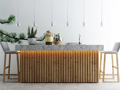 Wooden Bar Counter With Slatted Base Marble Top Hanging Lights Potted Plants And Bar Stools 3d model