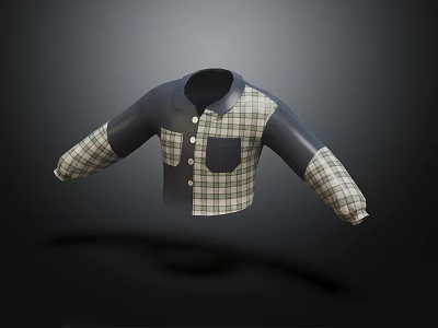Plaid Patchwork Casual Shirt With Dark Blue Collar Long Sleeves And Chest Pocket 3d model