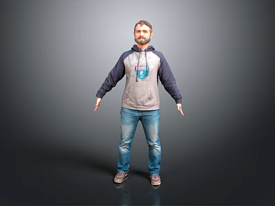 Bearded Man in Gray Blue Hoodie Standing with Arms Outstretched Wearing Blue Jeans and Shoes 3d model
