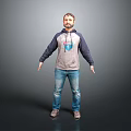 Bearded Man in Gray Blue Hoodie Standing with Arms Outstretched Wearing Blue Jeans and Shoes