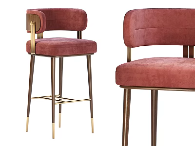 Burgundy Velvet Upholstered Bar Stools With Golden Metal Frame And High Back Design 3d model