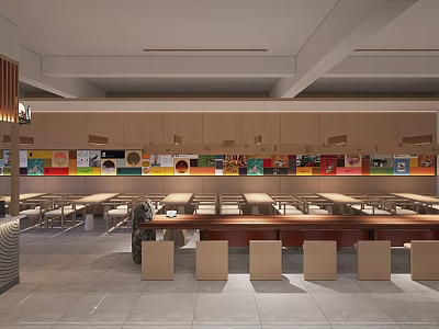 Modern Restaurant Interior With Long Wooden Tables And Colorful Wall Decorations 3d model