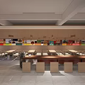 Modern Restaurant Interior With Long Wooden Tables And Colorful Wall Decorations