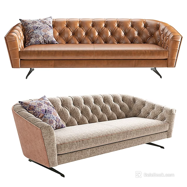 Tufted Leather and Fabric Two Seater Sofa with Patterned Pillow and Metal Legs 3d model 