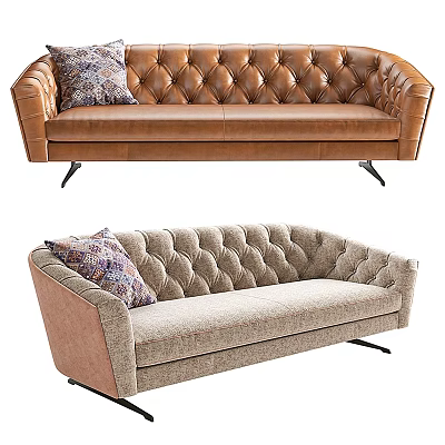 Tufted Leather and Fabric Two Seater Sofa with Patterned Pillow and Metal Legs 3d model