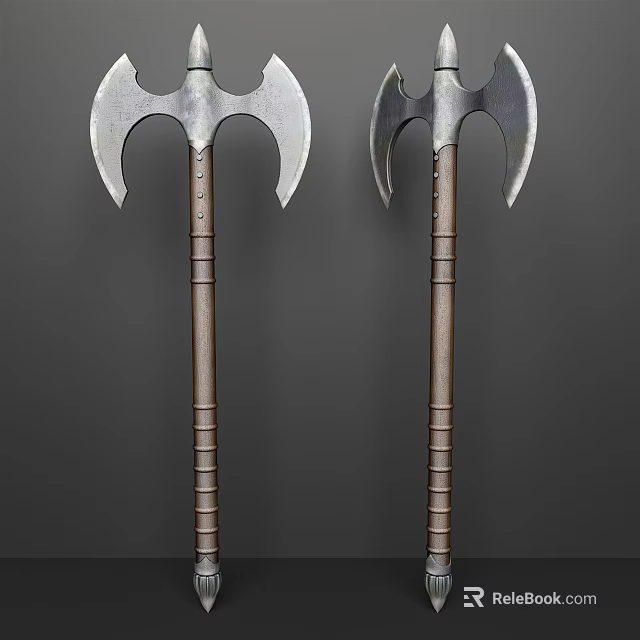 Pair of Double Bladed Axes With Metal Heads And Wooden Grooved Handles 3d model 