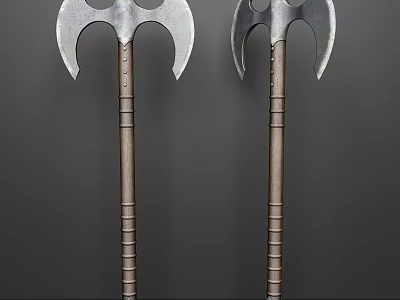 Pair of Double Bladed Axes With Metal Heads And Wooden Grooved Handles 3d model