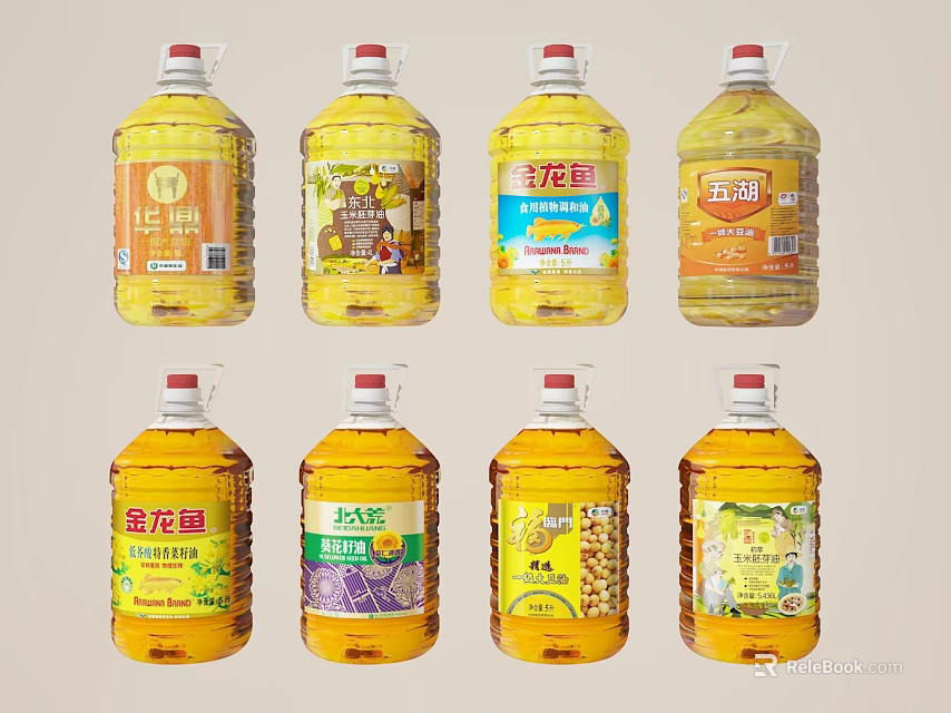 Various Large Cooking Oil Bottles From Multiple Brands Displayed Together 3d model 