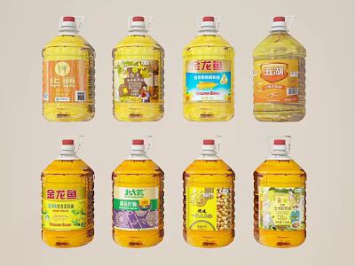 Various Large Cooking Oil Bottles From Multiple Brands Displayed Together 3d model