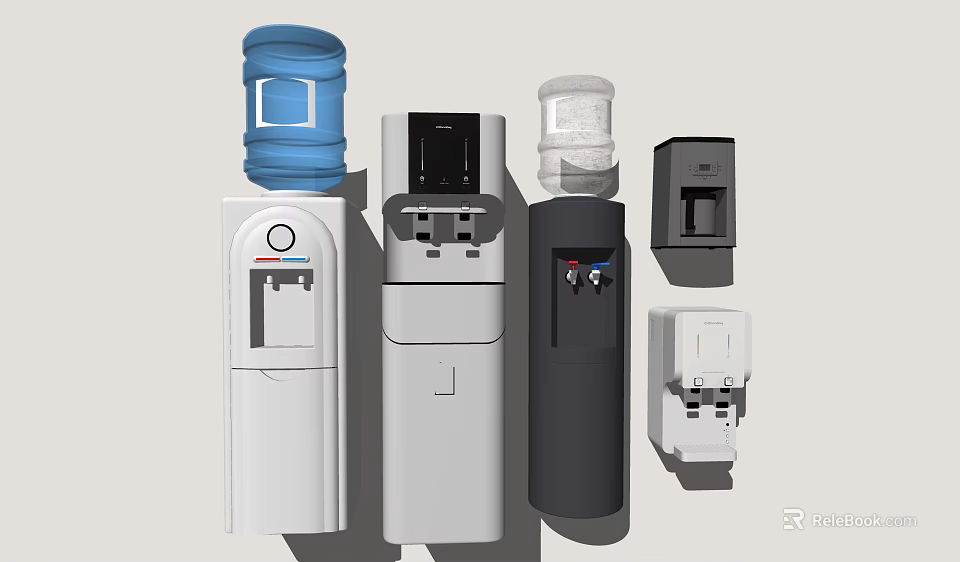 Various Household Water Dispensers Including Standing Tabletop Models and Water Bottles 3d model 