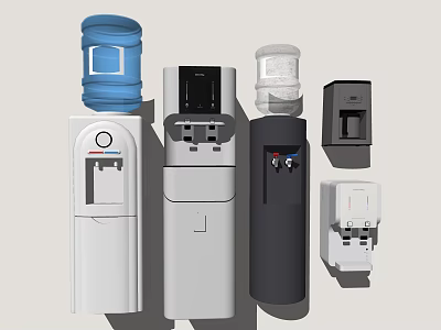Various Household Water Dispensers Including Standing Tabletop Models and Water Bottles 3d model