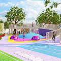 Colorful Kids Playground Area With Slide Trees And Lawn Surrounding Buildings