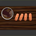 Four Pieces of Fresh Salmon Sushi on Wooden Board with Soy Sauce