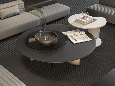 Modern Round Coffee Table With Decorative Tray Books And Plant Vase In Living Room 3d model