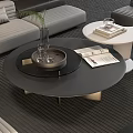 Modern Round Coffee Table With Decorative Tray Books And Plant Vase In Living Room