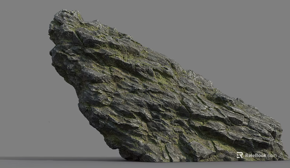 Large Natural Stone Rock With Rough Texture And Green Moss For Decoration 3d model 