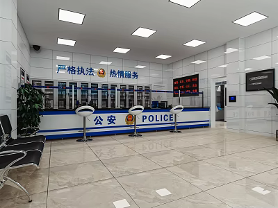 Police Service Hall Interior With Service Counter Seats Digital Screens And Signs 3d model