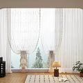 White Lace Curtains With Decorative Edges By Arched Window Mountain Tree View And Indoor Lamp