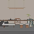 New Chinese Tea Table and Chair Combination Tea Table Stool Bench Tea Set 3d model