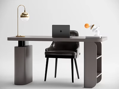 Modern Home Office Desk With Gold Lamp Laptop And Black Leather Chair 3d model