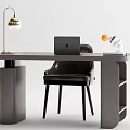 Modern Home Office Desk With Gold Lamp Laptop And Black Leather Chair