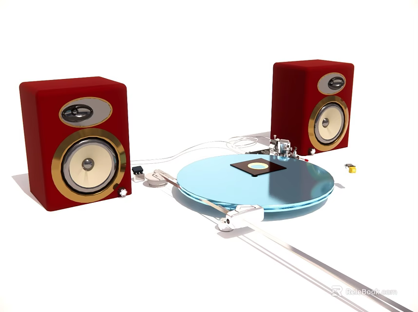 High Quality Red Audio Speakers with Blue Turntable and Connecting Wires for Home Music 3d model 