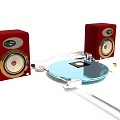 High Quality Red Audio Speakers with Blue Turntable and Connecting Wires for Home Music
