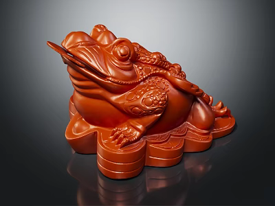 Traditional Chinese Style Red Carved Toad Decorative Figurine With Coin Base 3d model