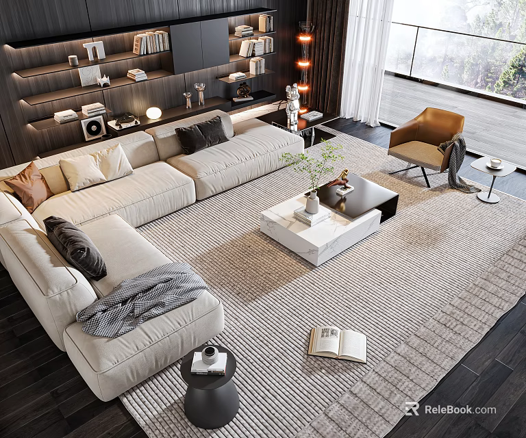Modern Sofa and Coffee Table Set in Elegant Living Room with Cushions and Area Rug 3d model 