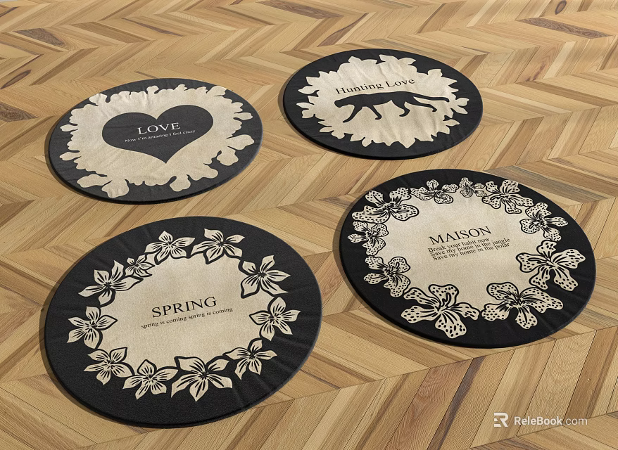 Four Decorative Round Rugs With Floral Animal And Text Themes 3d model 