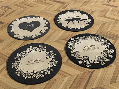 Four Decorative Round Rugs With Floral Animal And Text Themes 3d model
