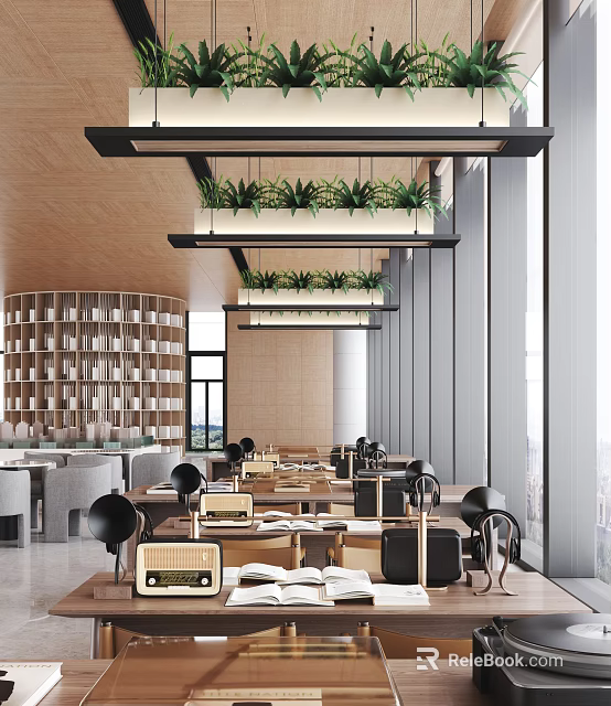 Modern Sales Office Interior Design With Hanging Green Plants And Wooden Tables 3d model 
