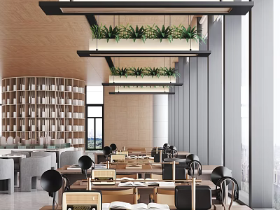 Modern Sales Office Interior Design With Hanging Green Plants And Wooden Tables 3d model