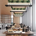 Modern Sales Office Interior Design With Hanging Green Plants And Wooden Tables