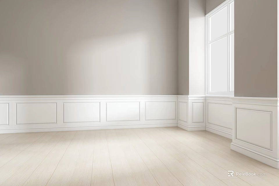 Empty Room With Light Gray Walls White Wainscoting Light Wooden Floor And Large Window 3d model 