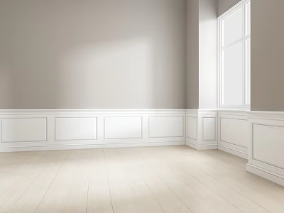 Empty Room With Light Gray Walls White Wainscoting Light Wooden Floor And Large Window 3d model