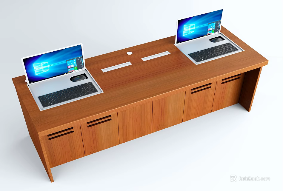 Spacious Wooden Functional Desk With Two Laptops Drawers And Cabinets For Home Office Use 3d model 