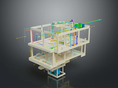 3D Building Structure Model Featuring Multi Floor Layout And Colored Pipelines 3d model