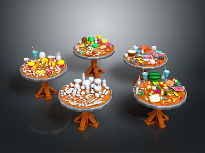 Round Dining Tables with Various Fruits Desserts Drinks and Toys on Wooden Bases 3d model
