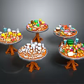 Round Dining Tables with Various Fruits Desserts Drinks and Toys on Wooden Bases