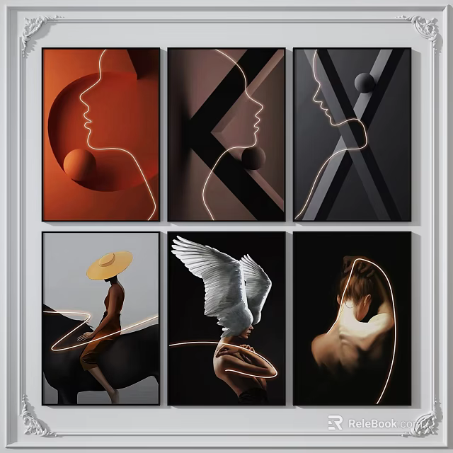 Modern Abstract Portrait Paintings With Line Art Geometric Shapes And Diverse Figures 3d model 