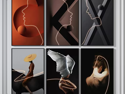 Modern Abstract Portrait Paintings With Line Art Geometric Shapes And Diverse Figures 3d model