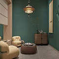 Modern Elegant Interior Space With Wooden Partitions Long Table Chairs Hanging Lights And Decorative Wall