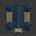 Cartoon Style Castle Model With Blue Spires Stone Towers Porch Steps And Blue Banners