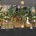 Tropical Restaurant Interior With Bamboo Screens Green Plants Rattan Furniture And Colorful Tablecloths