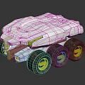 White Futuristic Vehicle Model With Six Wheels Yellow Rims And Angular Design
