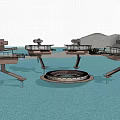 Cartoon Scenery of Futuristic Waterfront Structures with Floating Platforms Helicopter Mountainous Background and Small Boat
