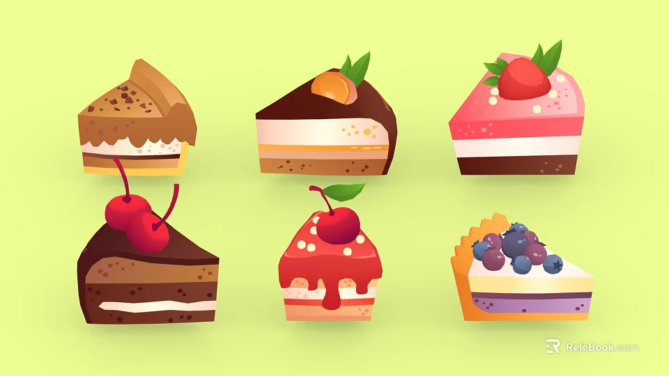 Various Types of Decorated Cakes with Cherry Strawberry Blueberry Toppings and Colorful Layers 3d model 