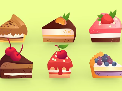 Various Types of Decorated Cakes with Cherry Strawberry Blueberry Toppings and Colorful Layers 3d model