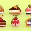 Various Types of Decorated Cakes with Cherry Strawberry Blueberry Toppings and Colorful Layers